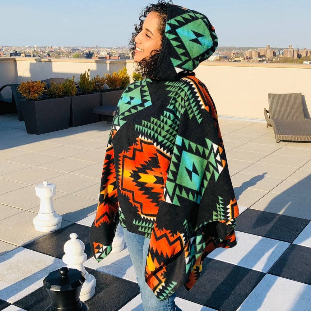 ZooFleece Black Southwestern Tribal Aztec Indian Hooded Women’s Poncho Cape